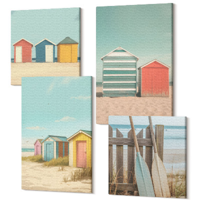 Zestaw obrazów 4 części kwadryptyk Kolorowe domki na plaży w letnim słońcu
