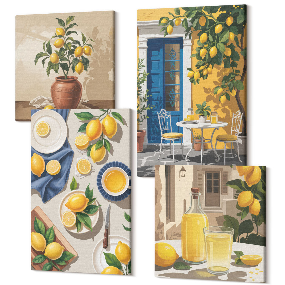 Zestaw obrazów na płótnie kwadryptyk Cytrynowy ogród z cytrynami i napojami na stole