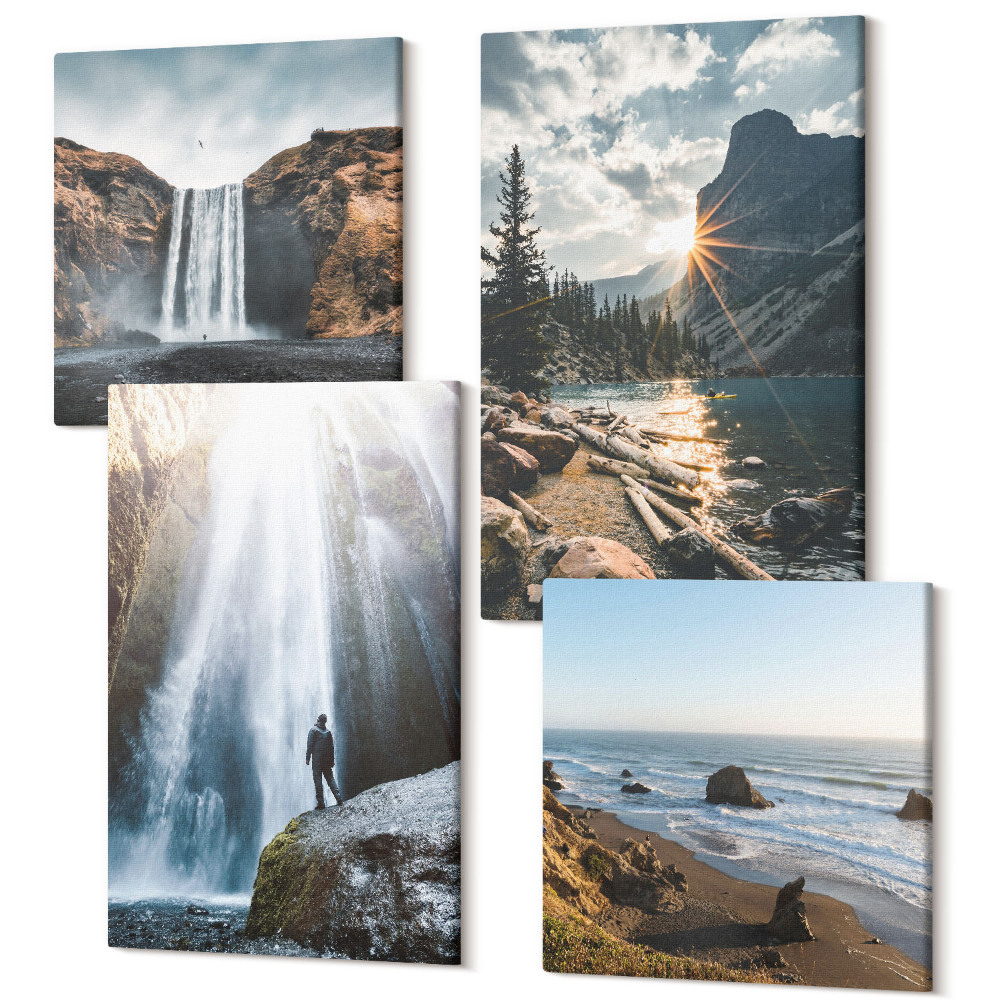 Zestaw obrazów kwadryptyk na ścianę Wodospady w górach z pięknymi krajobrazami natury