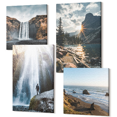 Zestaw obrazów kwadryptyk na ścianę Wodospady w górach z pięknymi krajobrazami natury