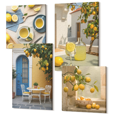 Zestaw obrazów kwadryptyk na ścianę Cytryny lemoniada niebieskich drzwi letnie widoki