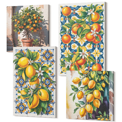Zestaw obrazów 4 części kwadryptyk Cytrusy i kolorowe abstrakcyjne wzory postery