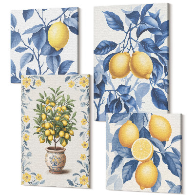 Zestaw obrazów kwadryptyk na ścianę Cytryny na gałęziach z niebieskimi liśćmi drzewko