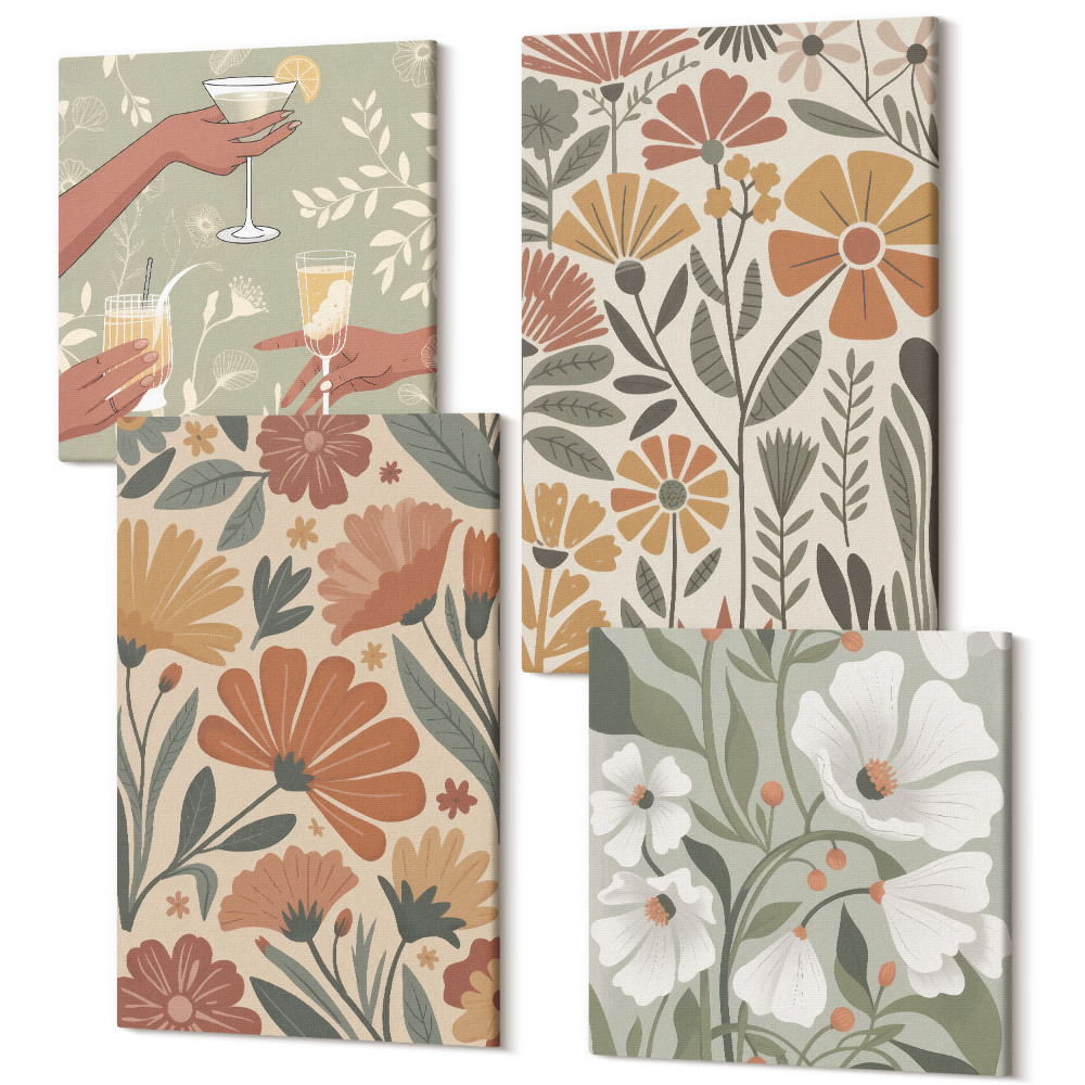 Zestaw obrazów 4 części kwadryptyk Kwiatowe wzory w odcieniach pomarańczowym i zielonym