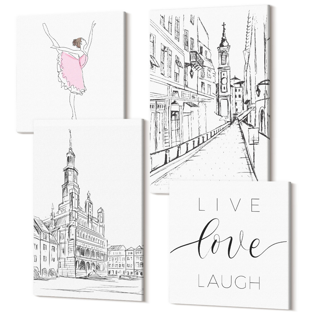 Zestaw obrazów na płótnie kwadryptyk Stylowe obrazy z tańczącą baletnicą i architekturą love