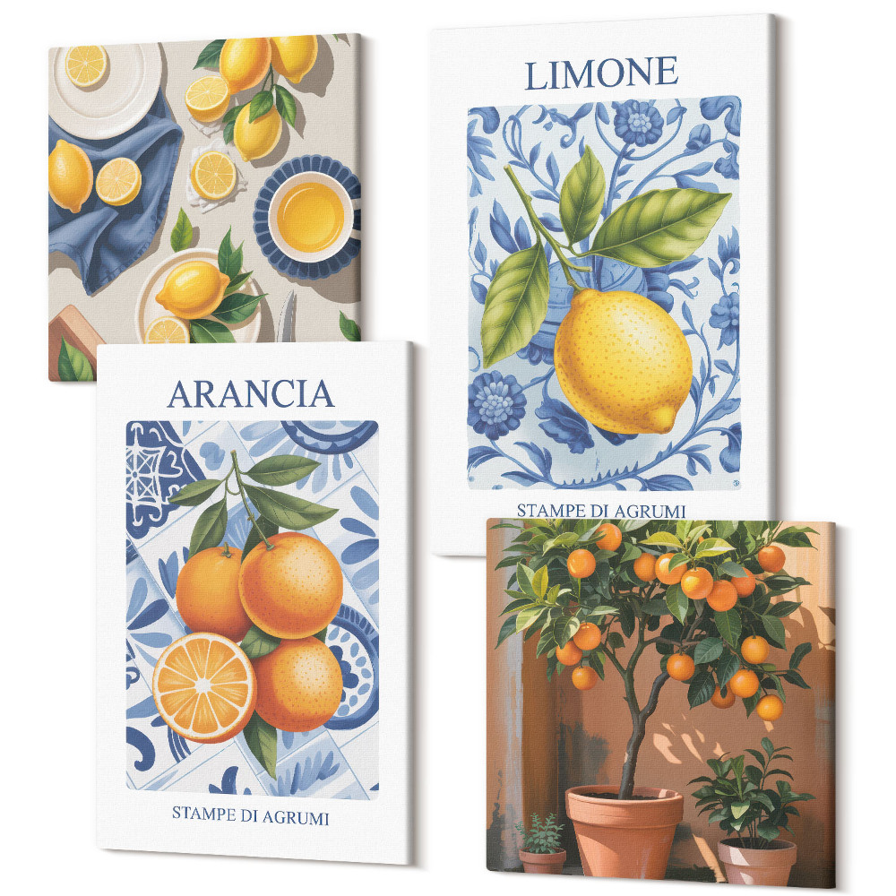 Zestaw obrazów kwadryptyk na ścianę Owocowe ilustracje cytrusów w stylu vintage