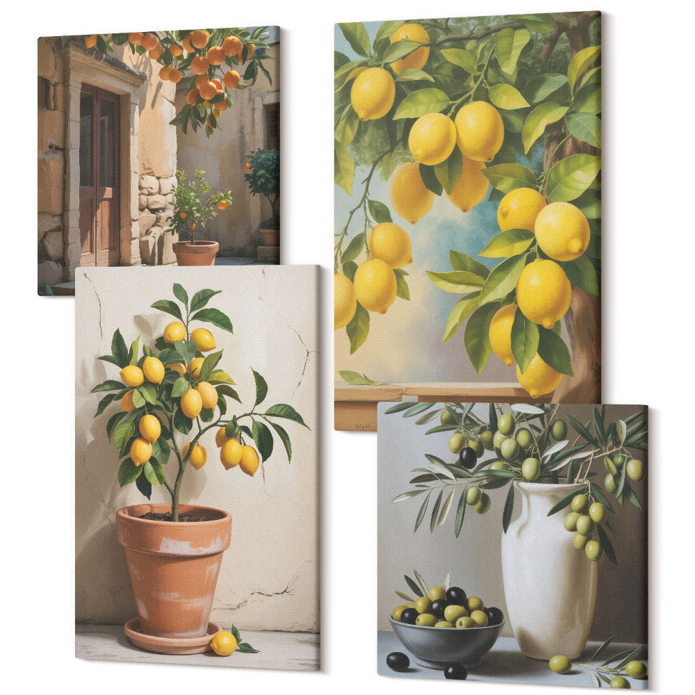 Zestaw obrazów na płótnie kwadryptyk Cytrynowe drzewka w doniczkach i w wazonach