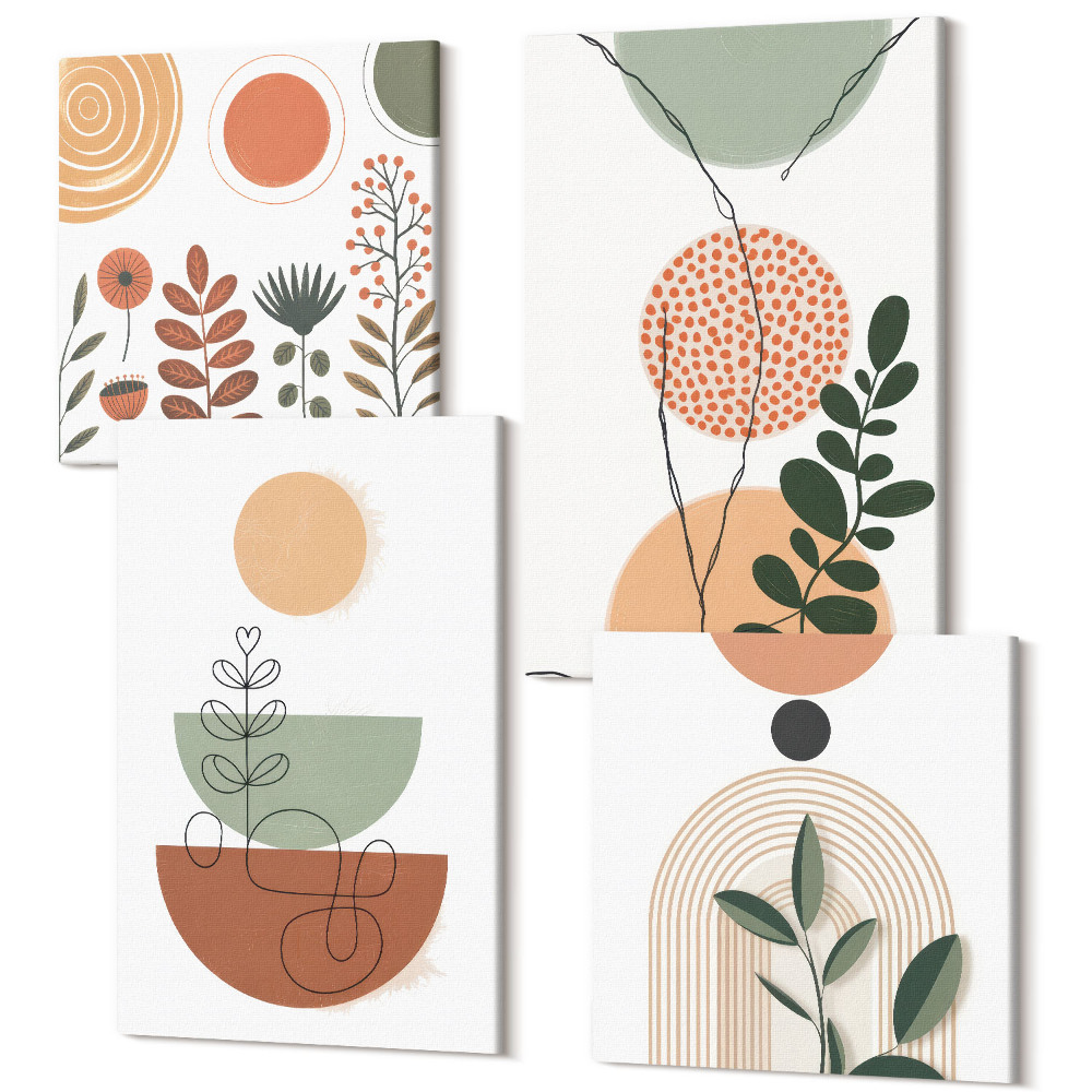 Zestaw obrazów kwadryptyk na ścianę Abstrakcyjne kształty z roślinnymi motywami kolorowymi