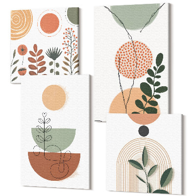 Zestaw obrazów kwadryptyk na ścianę Abstrakcyjne kształty z roślinnymi motywami kolorowymi