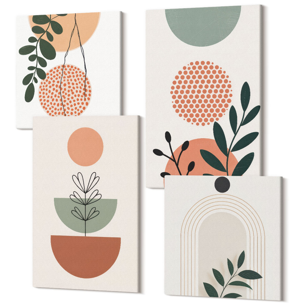 Zestaw obrazów 4 części kwadryptyk Roślinne motywy w nowoczesnych kształtach i kolorach