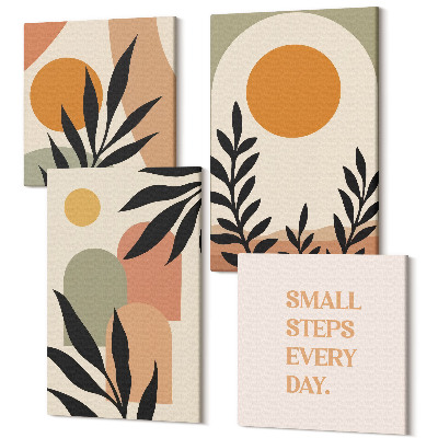 Zestaw obrazów na płótnie kwadryptyk Abstrakcyjne kształty i roślinne motywy w ciepłych kolorach