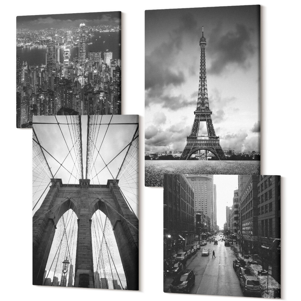 Zestaw obrazów 4 części kwadryptyk Wieże i mosty w monochromatycznych odcieniach