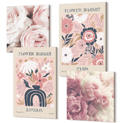Zestaw obrazów kwadryptyk na ścianę Kwiatowe motywy róże piwonie Londyn Paryż