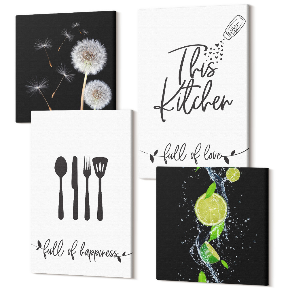 Zestaw obrazów kwadryptyk na ścianę Dmuchawce soczyste limonki kuchenne napisy