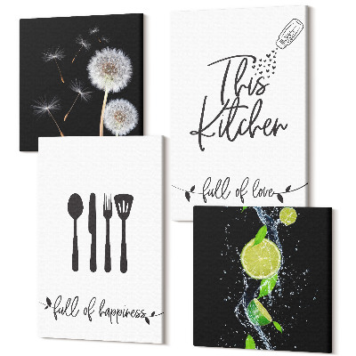 Zestaw obrazów kwadryptyk na ścianę Dmuchawce soczyste limonki kuchenne napisy