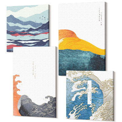 Zestaw obrazów na płótnie kwadryptyk Fale i sztuka w japońskim stylu graficznym