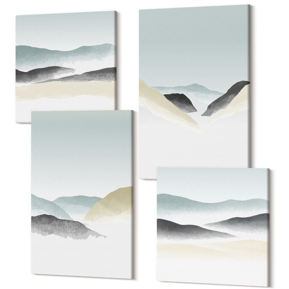 Zestaw obrazów kwadryptyk na ścianę Minimalistyczne góry w delikatnych pastelach