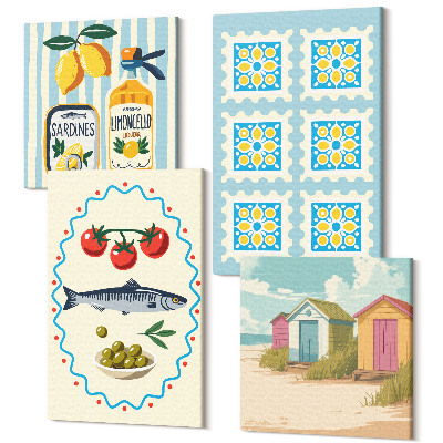 Zestaw obrazów 4 części kwadryptyk Ilustracje kuchenne w śródziemnomorskim stylu