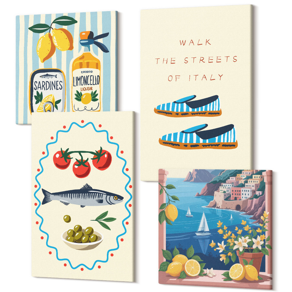 Zestaw obrazów na płótnie kwadryptyk Włoskie smaki i styl życia w kolorowych obrazach