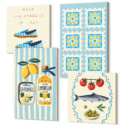 Zestaw obrazów kwadryptyk na ścianę Wzory owoców i elementy włoskiej kultury