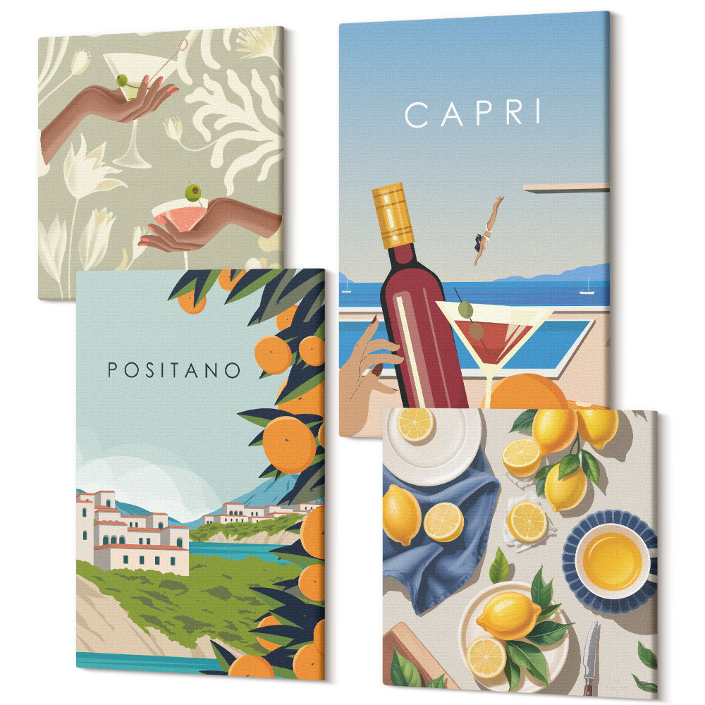 Zestaw obrazów 4 części kwadryptyk Wakacyjne widoki włoskie cytryny Positano i Capri