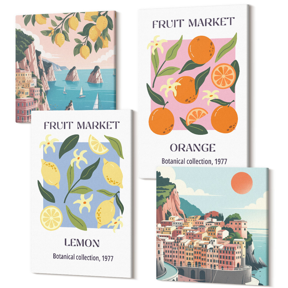 Zestaw obrazów na płótnie kwadryptyk Owocowe postery z cytrynami pomarańczami włoskie widoki
