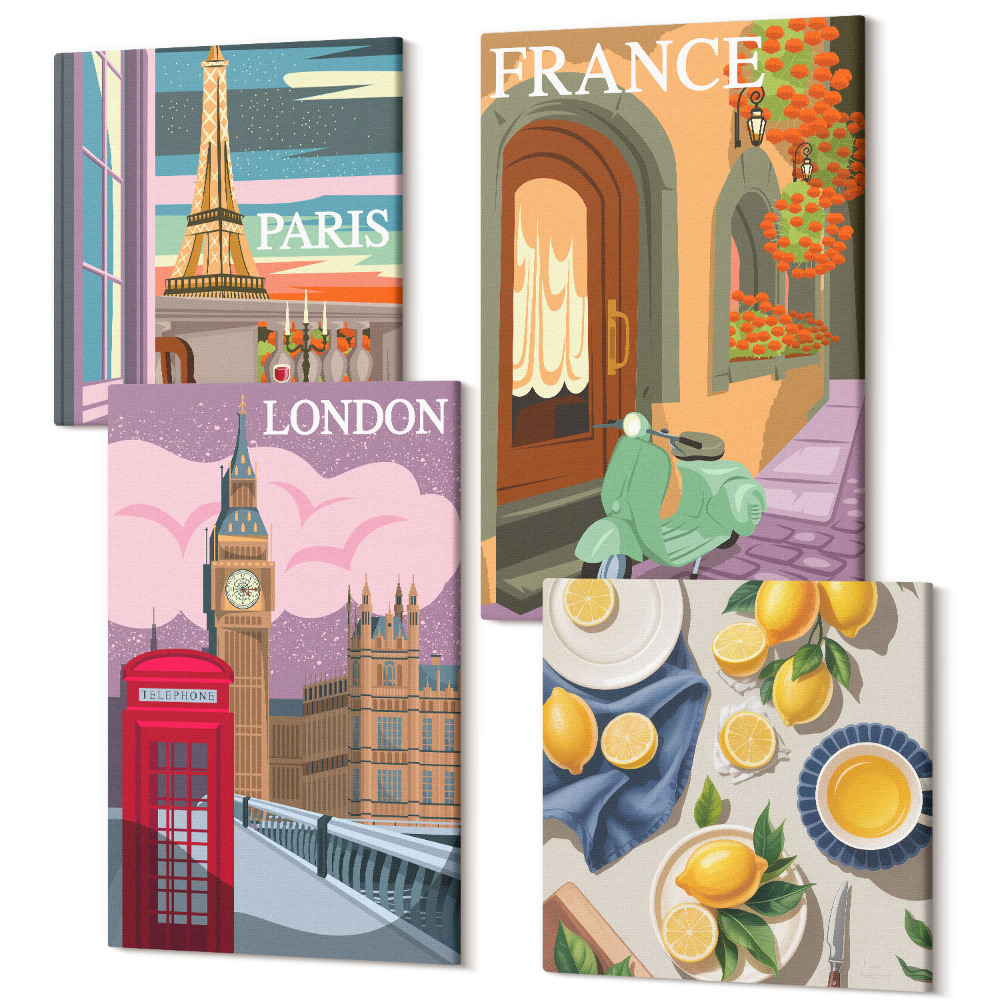 Zestaw obrazów kwadryptyk na ścianę Widoki miast Paryż Londyn i Francja cytryny
