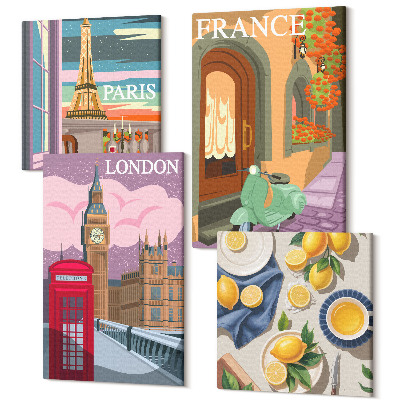 Zestaw obrazów kwadryptyk na ścianę Widoki miast Paryż Londyn i Francja cytryny