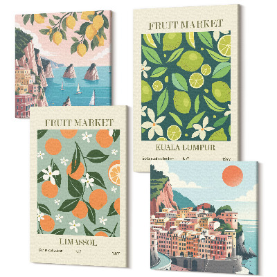 Zestaw obrazów 4 części kwadryptyk Owocowe wzory postery w stylu vintage