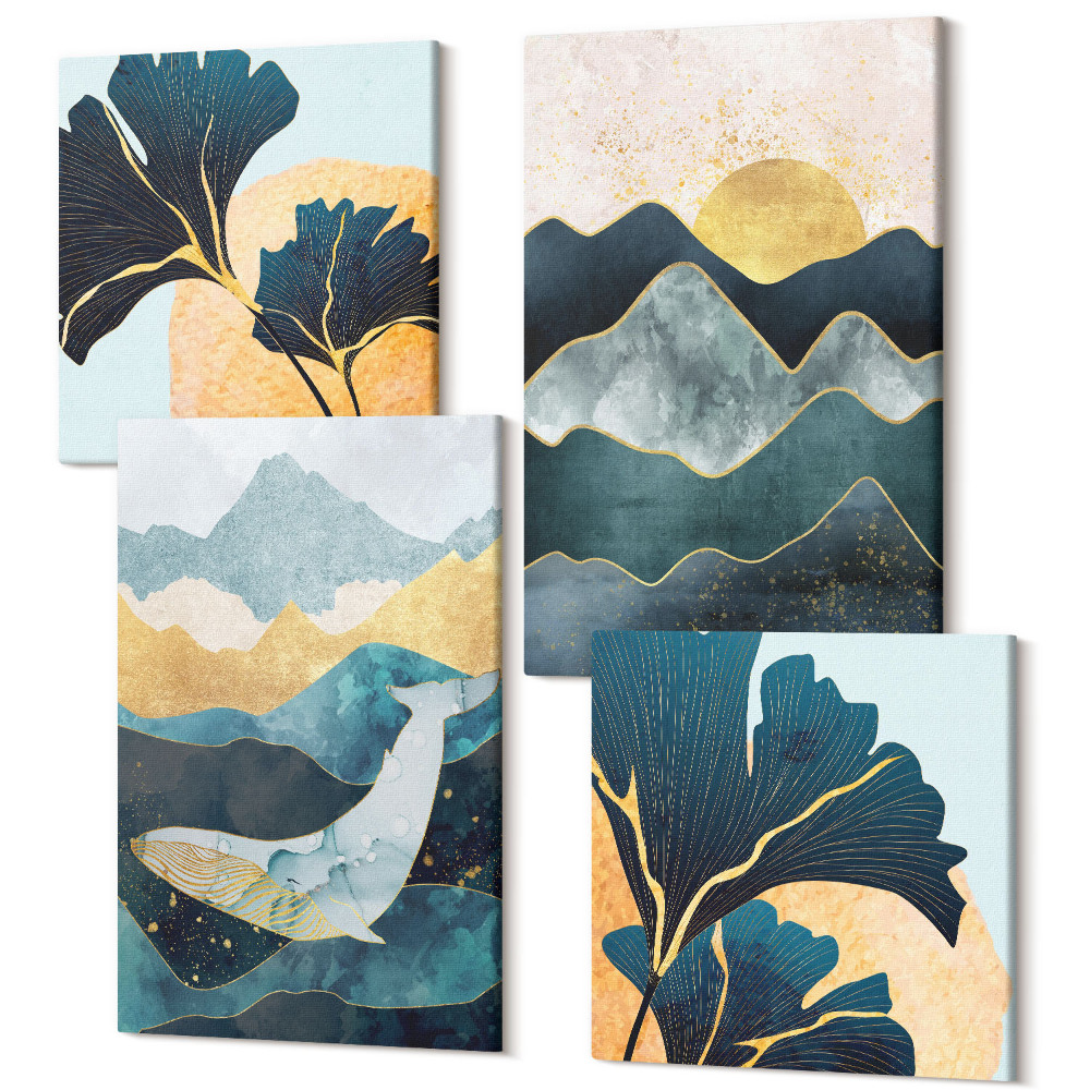 Zestaw obrazów kwadryptyk na ścianę Abstrakcyjne estetyczne widoki z górami i roślinami