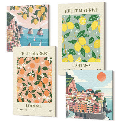 Zestaw obrazów 4 części kwadryptyk Owoce cytrusowe i tropikalne w stylu włoskim