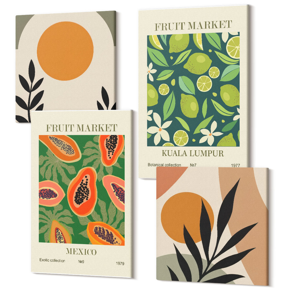 Zestaw obrazów 4 części kwadryptyk Boho wzory owocowe papaje limonki