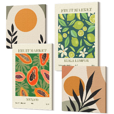 Zestaw obrazów 4 części kwadryptyk Boho wzory owocowe papaje limonki