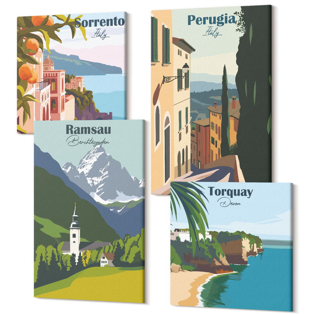 Zestaw obrazów kwadryptyk na ścianę Pejzaże górskie i uliczki europejskich miast