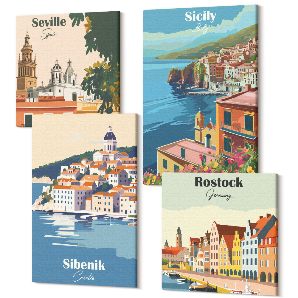 Zestaw obrazów 4 części kwadryptyk Krajobrazy miast europejskich z kolorowymi budynkami