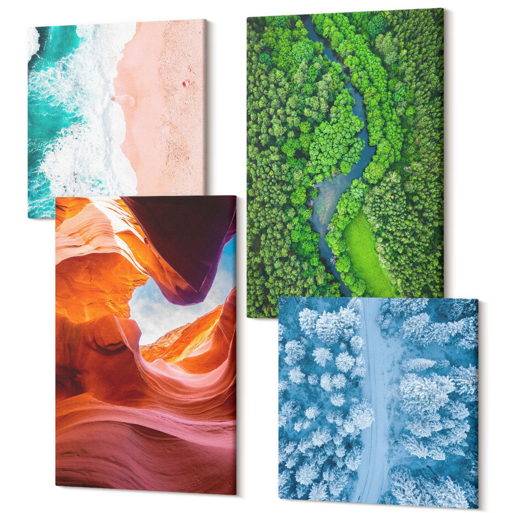 Zestaw obrazów kwadryptyk na ścianę Woda w ruchu kanion i zieleń lasu zima natura