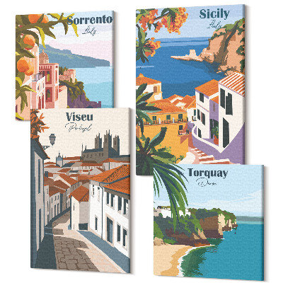 Zestaw obrazów 4 części kwadryptyk Retro ilustracje znanych miast świata