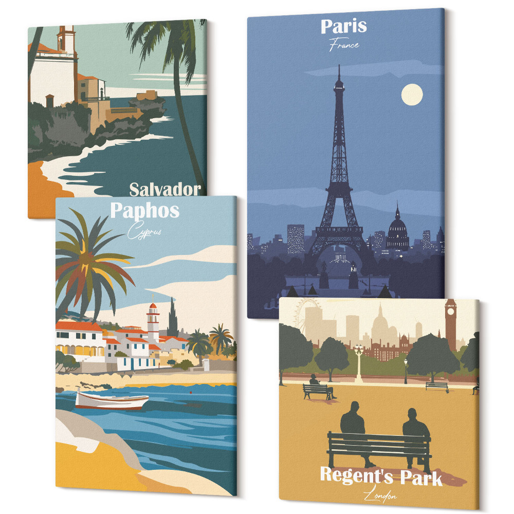 Zestaw obrazów 4 części kwadryptyk Widoki miast nadmorskich i ich architektura