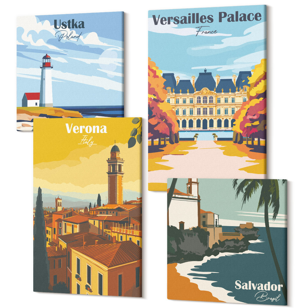 Zestaw obrazów 4 części kwadryptyk Widoki znanych miejsc nad morzem i w miastach