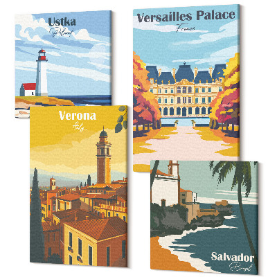 Zestaw obrazów 4 części kwadryptyk Widoki znanych miejsc nad morzem i w miastach