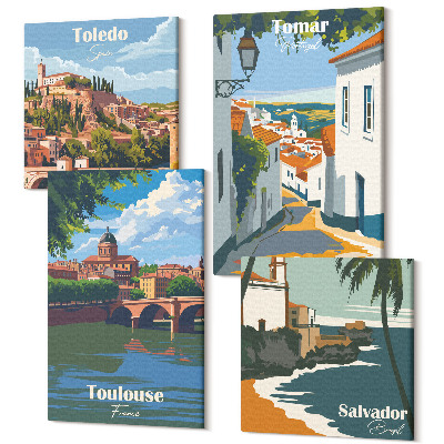 Zestaw obrazów kwadryptyk na ścianę Grafiki znanych miast w stylu retro