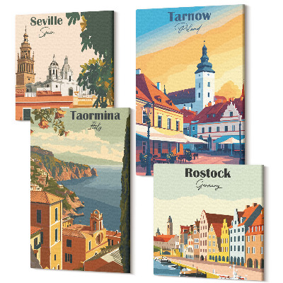 Zestaw obrazów 4 części kwadryptyk Widoki miast nadmorskich i ich architektura