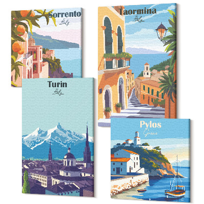 Zestaw obrazów kwadryptyk na ścianę Kolorowe ilustracyjne widoki miast w stylu retro