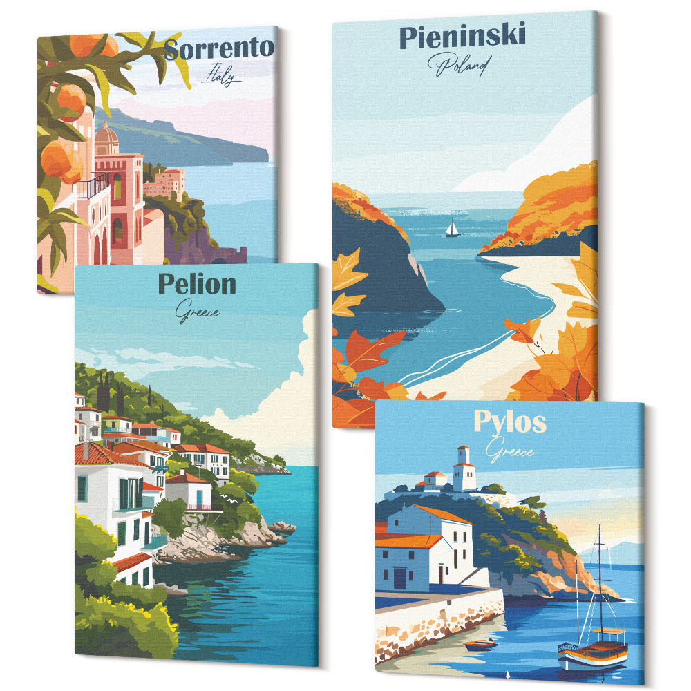 Zestaw obrazów 4 części kwadryptyk Malownicze krajobrazy w retro stylu