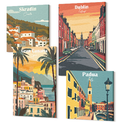 Zestaw obrazów 4 części kwadryptyk Krajobrazy miast i natury w ciepłych kolorach