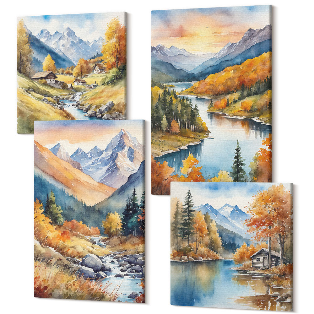 Zestaw obrazów kwadryptyk na ścianę Górski krajobraz z rzeką i jesiennymi drzewami