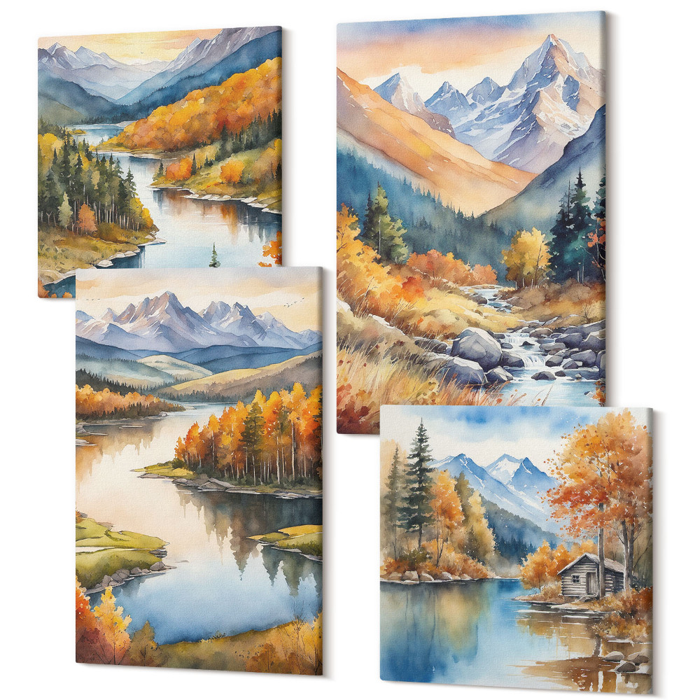 Zestaw obrazów 4 części kwadryptyk Widoki górskie z rzeką i jesiennymi drzewami