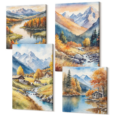 Zestaw obrazów kwadryptyk na ścianę Jesienne pejzaże natury w malowniczym stylu