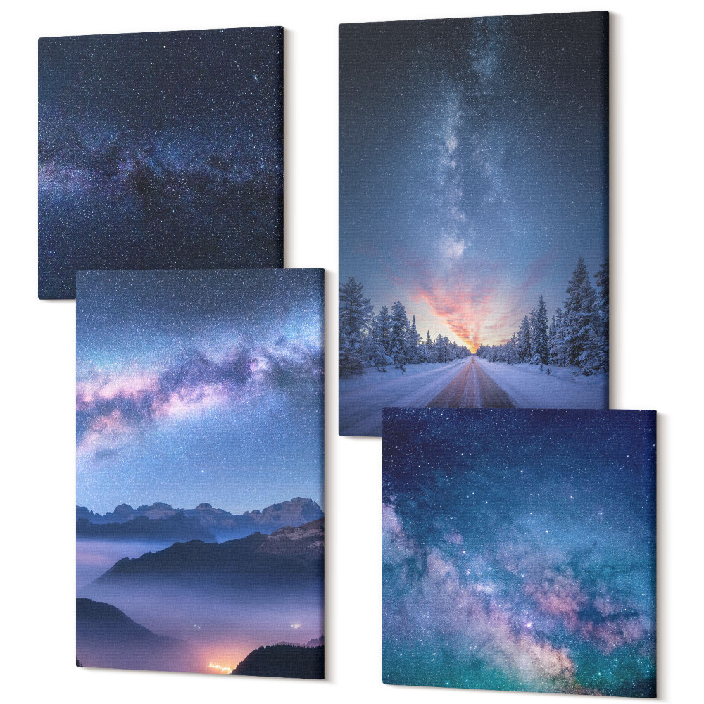 Zestaw obrazów 4 części kwadryptyk Nocne niebo góry wąwóz kosmos i zimowy krajobraz