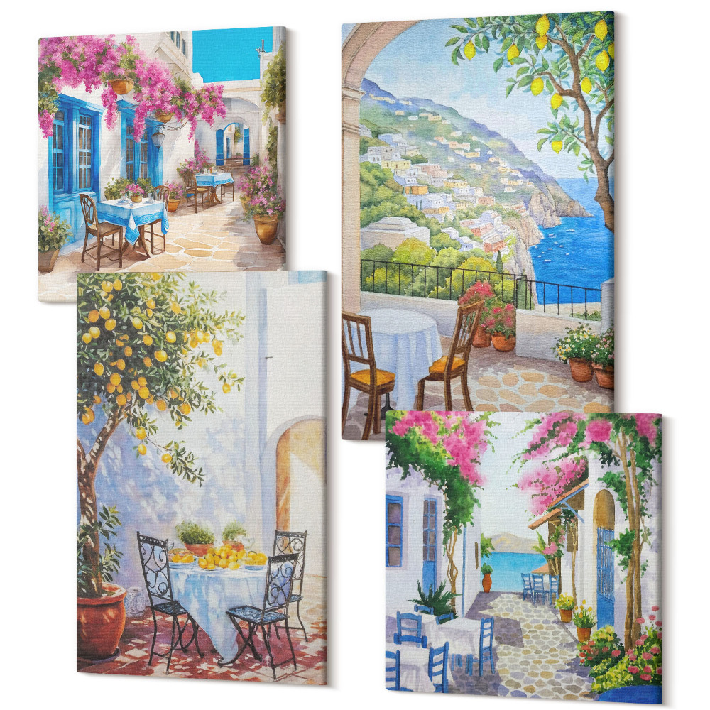 Zestaw obrazów kwadryptyk na ścianę Urokliwe uliczki z kwitnącymi roślinami i widokiem na morze